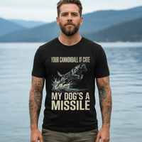 Load image into Gallery viewer, Man wearing a black t-shirt with a graphic and text standing by a lake with mountains in the background