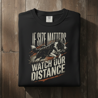 Load image into Gallery viewer, If Size Matters, Watch Our Distance T-Shirt — Performance Tee for High-Drive Dogs &amp; Their Handlers