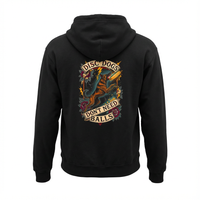 Load image into Gallery viewer, Black hoodie with a colorful graphic and text on the back against a white background