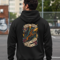 Load image into Gallery viewer, Person wearing a black hoodie with a graphic design and text, standing on an urban street.