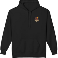 Load image into Gallery viewer, Black hoodie with a small logo on the chest against a white background