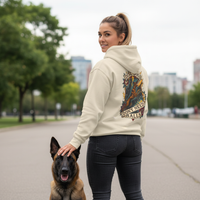 Load image into Gallery viewer, Woman wearing a hoodie with a graphic design, standing outdoors with a dog.